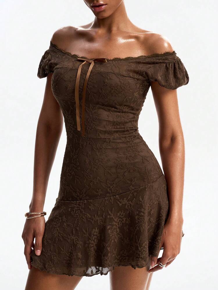 Spring Summer Brown Design Lace Dress With Lace-Up Tie, Wedding Banquet Ball Gown Evening Dress, Fashion Party Slim Fit Elegant Commuter Short Dress, Short Sleeve Women's Dress