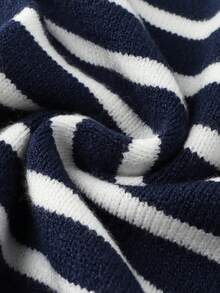 SHEIN LUNE Women's Spring/Summer Tops, Holiday, June Festival Outfit, Vintage Casual Elegant Blouse, Commute Office Outing Wear, Vacation Outfit, Round Neck V-Neck Women's Tops, Striped Contrast Navy Blue & White Blouse, Short Sleeve Metal Button Women's Knit Cardigan - Blue and White - View 7