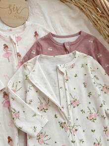 SHEIN 3件套新生女宝宝可爱休闲针织碎花长袖连体衣套装 - 彩色 - 查看 3