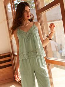 Lullawish Bohemian Style Spaghetti Strap 100% Cotton Women Pajama Set - Green - View 6