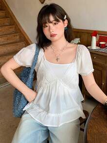 Dazy Plus Plus Size Women's Solid Color Lace Patchwork Deep V-Neck Sexy Minimalist Short Sleeve Crop Top, Spring/Summer - White - View 7