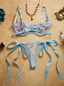 PinupPomp 2 件套女士天蓝色刺绣系带内衣套装 - 淺藍色 - 查看 2