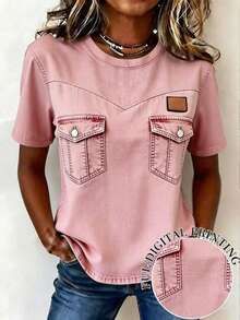 EMERY ROSE Women's Casual Summer Top, Fashion Versatile Denim Effect Pink Short Sleeve T-Shirt - Multicolor - View 1