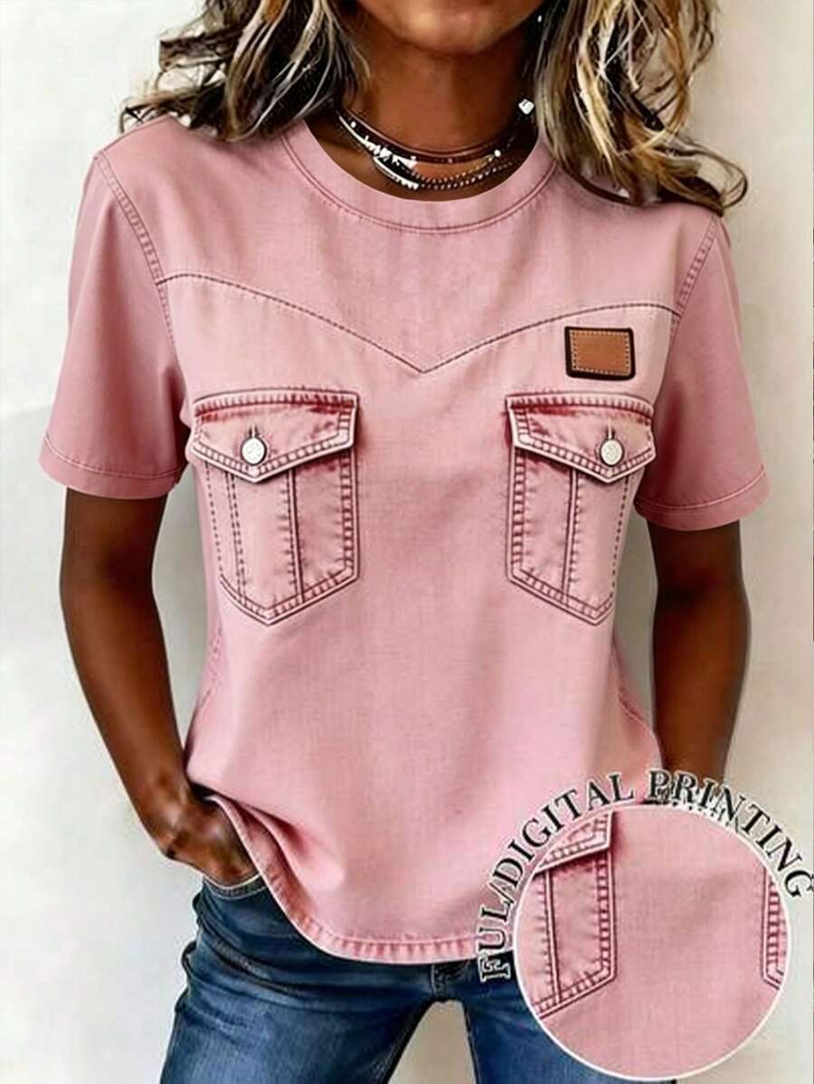 EMERY ROSE Women's Casual Summer Top, Fashion Versatile Denim Effect Pink Short Sleeve T-Shirt - Multicolor - View 1