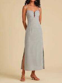Floral Print Spaghetti Strap Dress With Open Back, Vacation Style - Pearl White - View 7