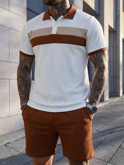 Manfinity CasualCool Men's Casual Contrast Color Polo Shirt And Shorts Set, Summer