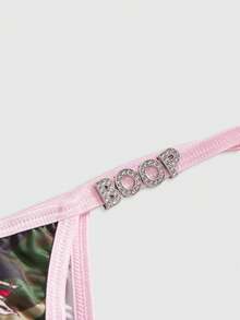 Betty Boop | ROMWE Bộ đồ lót IP Collaboration họa tiết rằn ri phối viền tương phản gồm áo bralette cổ yếm & quần lót dây - màu xanh lá - Xem 4