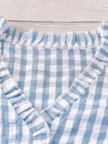 Linhara Plaid Ruffle V-Neck Blouse For Women, Puff Sleeve Casual Top, Plus Size Summer New Arrival - Blue and White - View 3