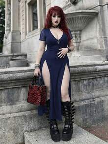 Whyspr Dark-Colored High Slit Sexy Long Flare Sleeve Dress - Navy Blue - View 1