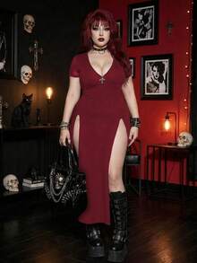 Whyspr Dark-Colored High Slit Sexy Long Flare Sleeve Dress - Burgundy - View 5