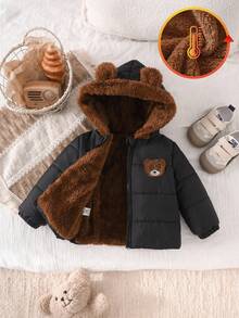 SHEIN Playful Pals 1 chiếc áo khoác hoodie chần bông dày lông cừu cho bé trai unisex màu đen mùa đông, thêu gấu dễ thương, tai 3D, khóa kéo - màu đen - Xem 3