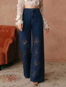 Anewsta Women's Elegant High-Waisted Embroidered Hollow-Out Loose Wide-Leg Jeans, Suitable For Spring Valentine's Day Party - Dark Wash - View 4
