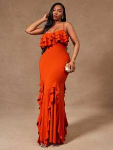 Radiana Red Summer Elegant Sexy Evening Party Wedding Guest Dinner Formal Cocktail Plus Size Women's Multilayered Ruffle Spaghetti Strap Bodycon Dress Boho - Orange - View 4