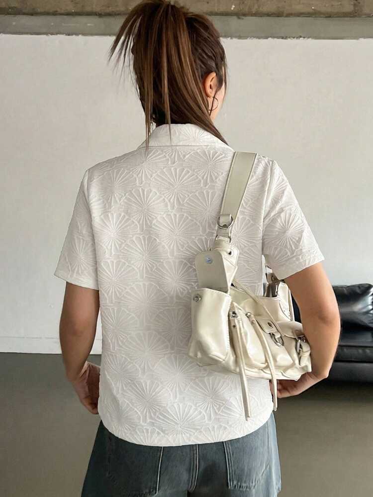 Women's Casual Summer Vacation Solid Color Textured Fabric Short Sleeve Shirt