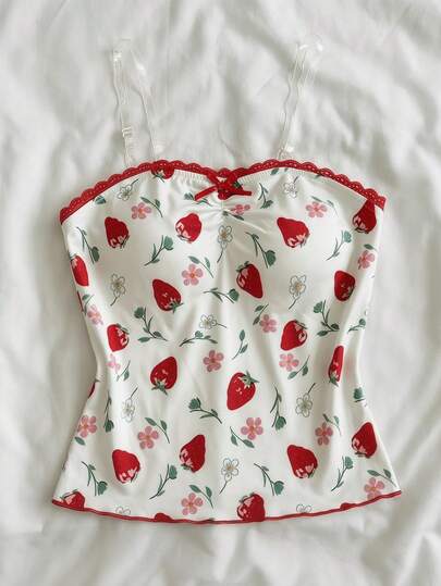 Teen GirlSummer Casual Homewear Versatile Sweet Sleeveless Tube Top With Bowknot & Strawberry Print, Contrast Trim