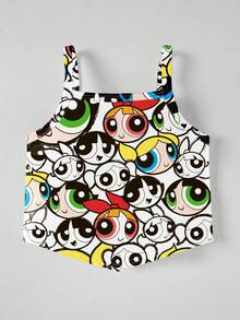 THE POWERPUFF GIRLS X SHEIN GraphicGems 少女全印花不對稱下擺吊帶背心與短褲套裝 - 彩色 - 查看 5
