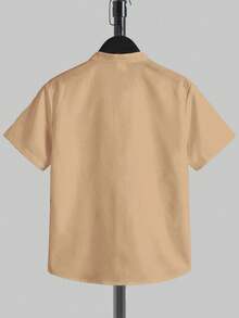 SHEIN Tween Boy Summer Casual Solid Color Front Button Short Sleeve Woven Shirt - Khaki - View 3