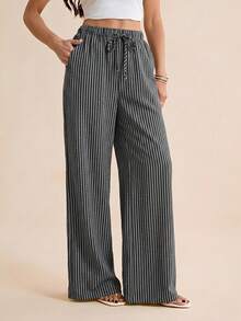 SHEIN Tall Pantalones casuales rectos de pierna suelta con cintura con cordón y rayas para mujer - Gris Oscuro - Ver 5