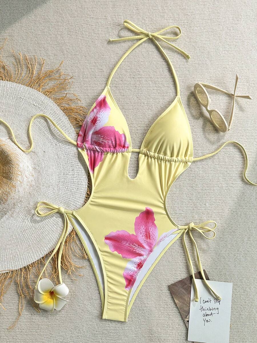 Soleia 女款橄欖綠針織提花紋理V領露背掛脖式一件式海灘泳衣 - 彩色 - 查看 1