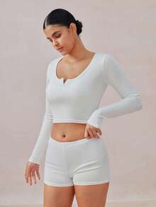 Veilyse 2PCS Women's Solid Color U-Neck Button Front Long Sleeve Crop Top & High Waist Shorts Lounge Set - White - View 4