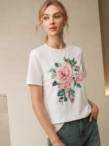 Anewsta Sequin Applique Bubble Bead White Crew Neck Short Sleeve T-Shirt - White - View 5