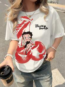 Betty Boop x SHEIN 女款卡通櫻桃印花T恤 - 白色 - 查看 5