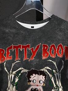 Betty Boop x SHEIN 女款花卉字母印花可愛圓領短袖T恤街頭風 - 白色 - 查看 4