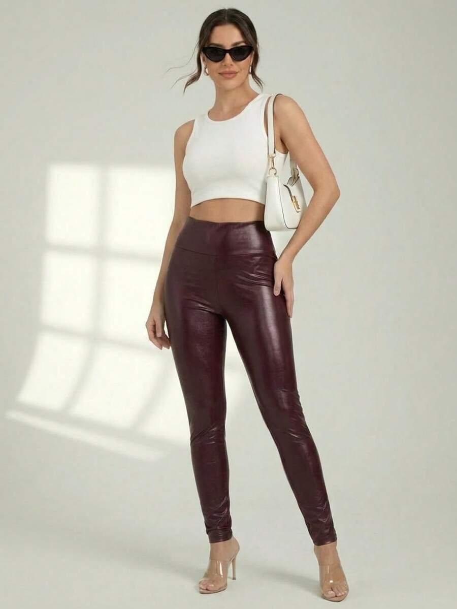 Legging Effect Leather High Elastic Fit Modern Woman - Vino - View 1
