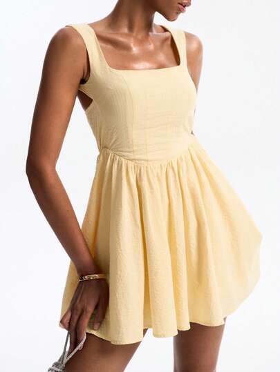 Joudiya Rochie mini casual fără mâneci, de vară, pentru femei, cu guler pătrat, culoare solidă