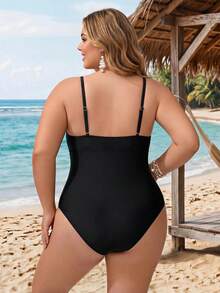 SHEIN CURVE+ Plus Size Solid Color Spaghetti Strap Tie Front One-Piece Swimsuit Beach Vacation White Summer Sexy - Black - View 2