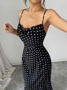 Raffinéa 2026 Nuevo vestido de verano con tirantes de espagueti y lunares para mujer, vestido largo retro elegante con cuello de encaje, volantes en la cintura y cola de, vestido de fies - Blanco y Negro - Ver 4