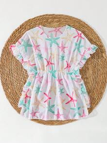 SHEIN Girls Toddler Ruffled Hem Random Starfish Print Beach Cover-Up - Pink - View 3
