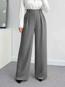 SHEIN Tall CURVE 大码女式纯色褶裥休闲百搭通勤阔腿裤 - 灰色 - 查看 5