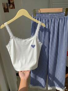 Comfortcana Damen Casual Gelb Spitzenbesatz Trägerhemd und gestreifte Hose 2-teiliges Set, Schule Creme Gelb 2-teiliges Outfit - Verschiedenfarbig - Übersicht 6
