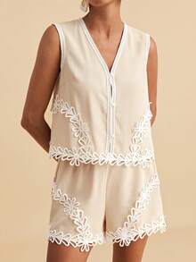 Travachic Women's Vacation Outfits Water-Soluble Lace Patchwork Front Button Camisole And Shorts 2 Pieces Set Holiday Country Clothing Beach Beige Summer Boho - Apricot - View 4