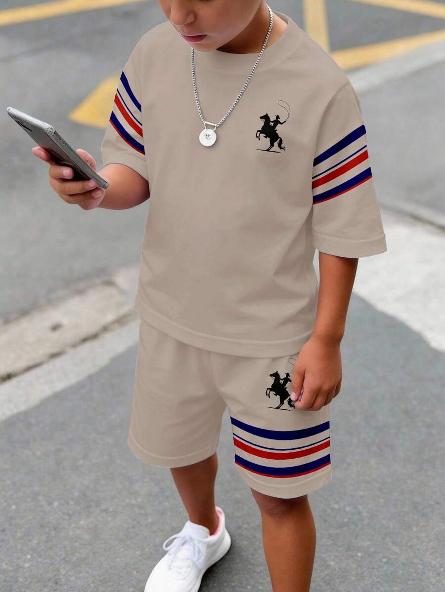 青少年男童休闲舒适简约圆领短袖T恤和短裤套装 - 彩色 - 查看 1