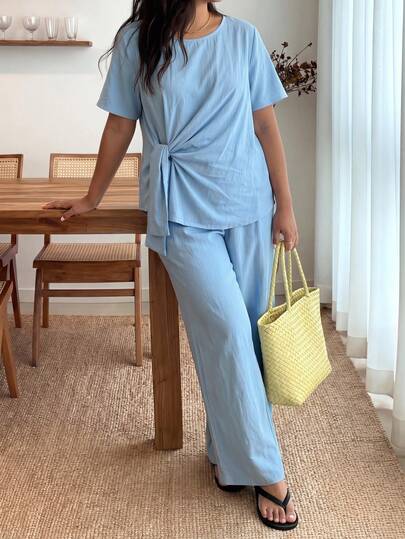 Enliva 大码女式棉麻扭结吊带背心两件套，适合日常、休闲和度假穿着