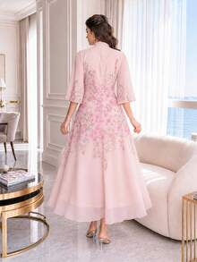 Auveirra Plus Size Women Elegant Floral Print Tie Neck Dress Sundress Pink - Pink - View 2