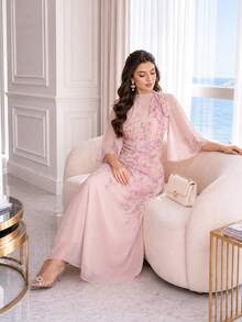 Auveirra Plus Size Women Elegant Floral Print Tie Neck Dress Sundress Pink - Pink - View 3