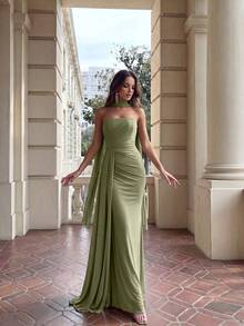 Aloruh Váy xòe đuôi cá xếp ly lưng thấp bằng vải chiffon màu xanh lá cây không dây định hình xương cá (Có thể tháo rời, mặc được nhiều lần) Váy xòe hở lưng thích hợp cho các buổi hẹn hò, kỳ nghỉ, đám cưới, mua sắm, hoạt động hàng ngày, váy phù dâu - màu xanh lá - Xem 6