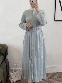 Solavon Stylish Women Pleated Texture Long Maxi Dress With Belt Casual Button Front A Line Dress For Everyday Wear - Baby Blue - View 10