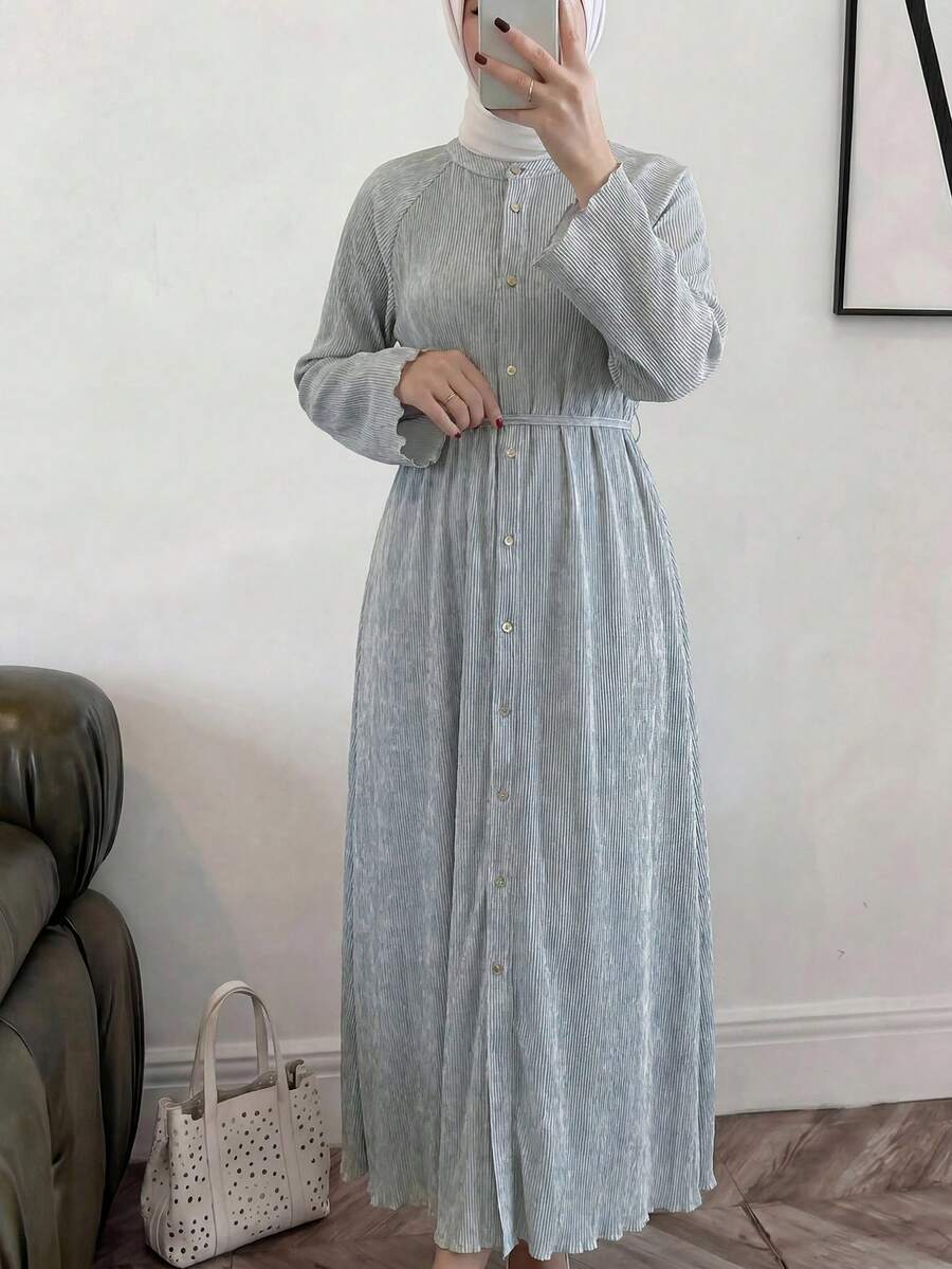 Solavon 女士条纹休闲圆领系带单排扣连衣裙