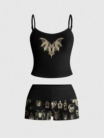 Gothic Dark Academy Moth Magic School Sexy Goth Lady Camisole And Shorts 2 Pieces Set