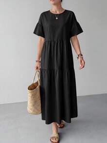 EMERY ROSE Women's Solid Color Round Neck Ruffle Hem Long Sleeve Dress Vacation Black Summer Casual - Black - View 5