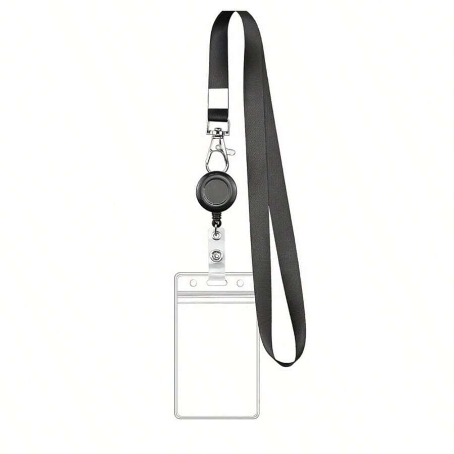 1/2/3/5pcs Retractable ID Card Badge Holder- Waterproof PVC Card Sleeve With Lanyard, For Teachers/Office Workers Back To School - Black - View 1