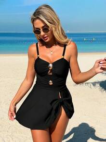 Swim Lushoire Women's Solid Color Spaghetti Strap Sexy Hollow Out Beach Dress For Summer - Black - View 5