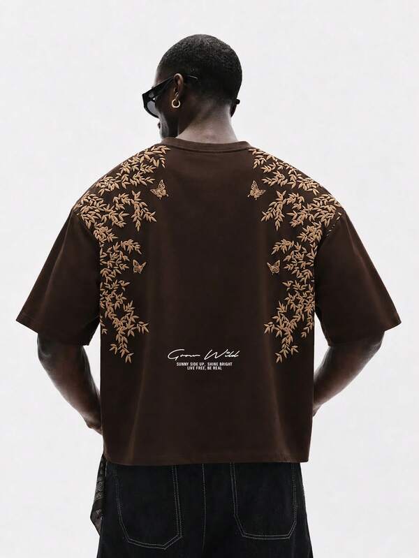 STYNVO Men's Floral & Letter Print Loose Fit Casual Round Neck T-Shirt