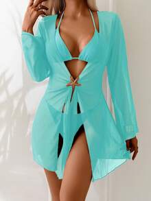 Swim Basics 女士纯色七分袖防晒沙滩度假和服罩衫 - 薄荷綠 - 查看 1