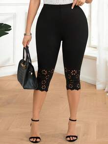 SHEIN Tall CURVE Quần legging nữ cỡ lớn màu đen dài đến khuỷu tay (7/8), kiểu dáng tối giản và thời trang, phù hợp cho mùa hè, kỳ nghỉ và mặc hàng ngày. - màu đen - Xem 6