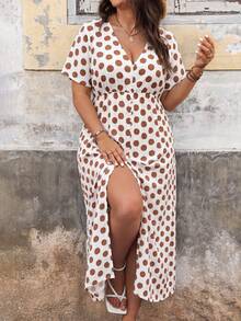 Ceyna 大码女式夏季波点V领蝙蝠袖休闲长连衣裙 Maxi 女装 - 粉色 - 查看 1